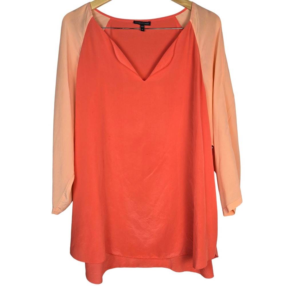 Eileen Fisher XL Silk Colorblock Raglan Blouse Coral Peach V-Neck R3HN-4